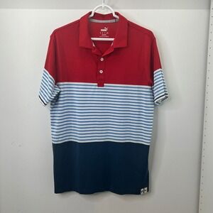 Puma Men's Polo Shirt Medium Red Blue Striped Colorblock Golf Casual